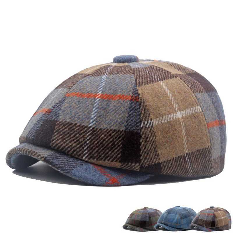 plaid beret hat autumn and winter warm blend forward hat mens and womens newsboy hat octagonal hat J251125