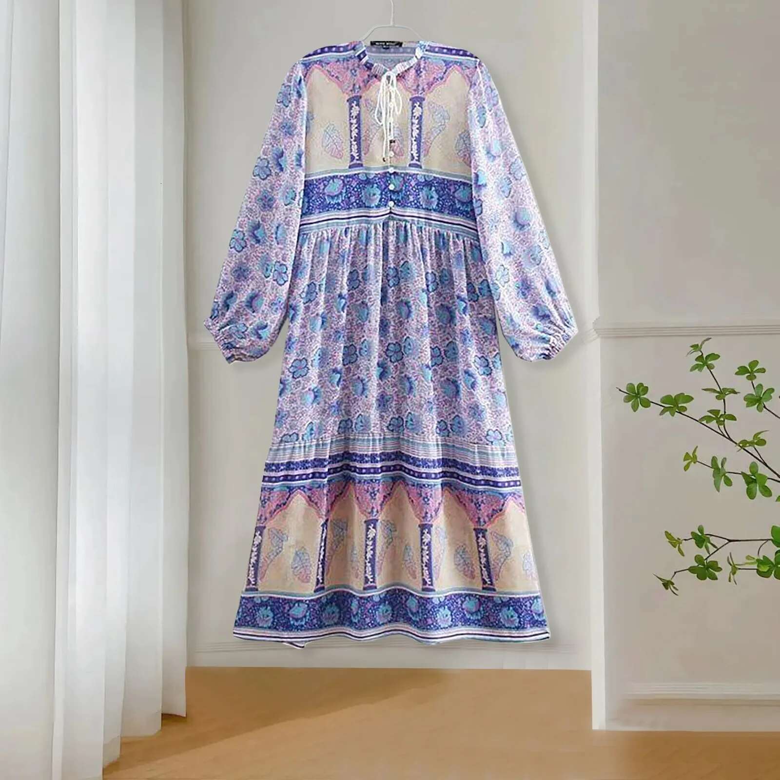 Dongdumaoyi Vintage Chic Fashion Boho Maxi Dresses Women Floral Print V Neck Rayon Cotton Bohemian Ladies Neck Tassel Summer Beach Dress