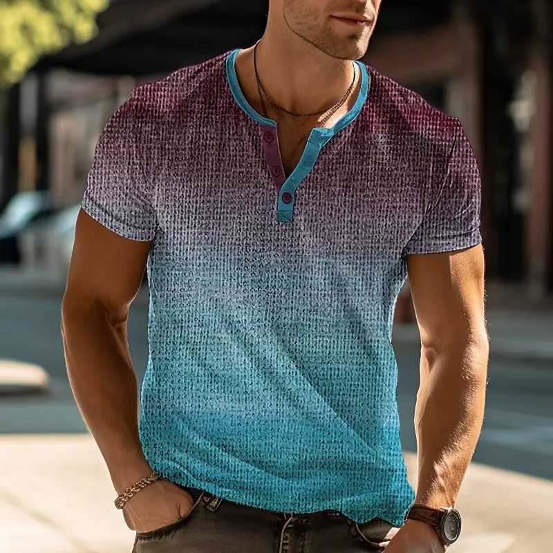 Summer gradient 3D printed Henry shirt mens fashion retro oversized button short sleeved T-shirt mens T-shirt mens top W250425