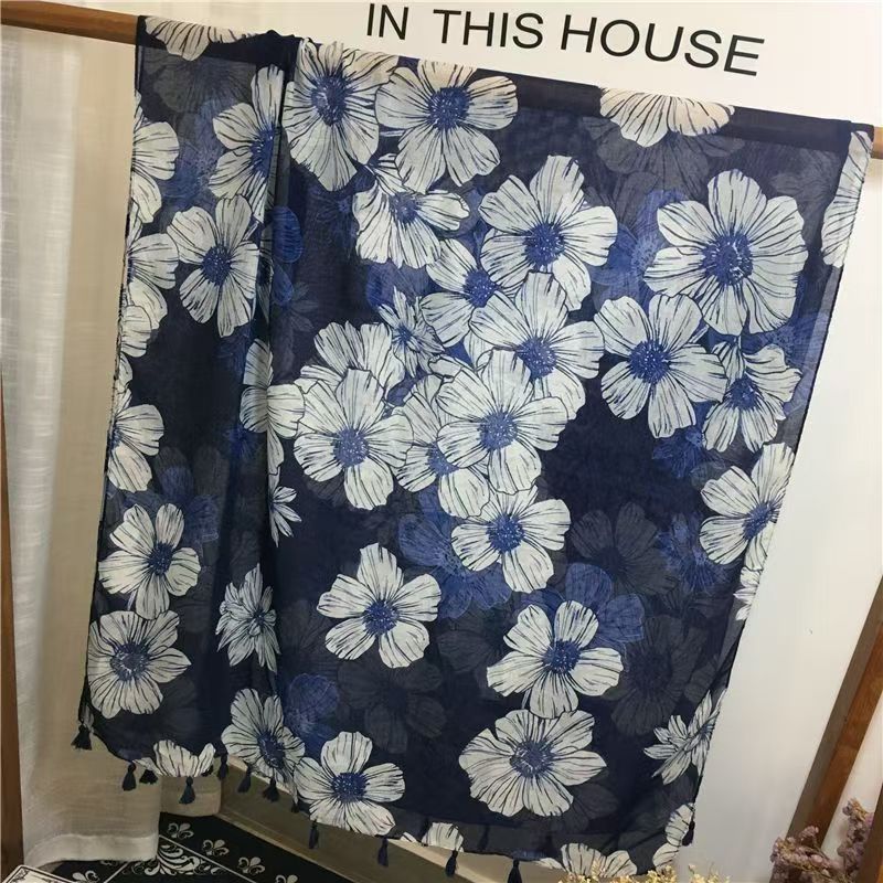 T554 scarf Korean version women's summer cotton and linen ethnic style all-match shawl large flower pattern long windproof beach towel