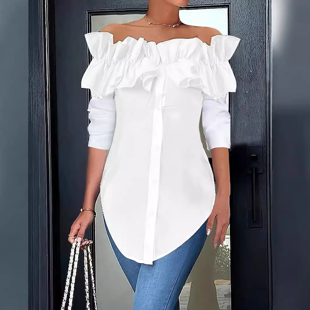 2024 autumn simple solid color one shoulder lotus leaf edge shirt top for women