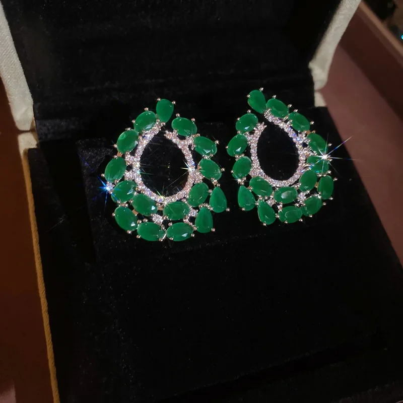 Minar Unusual Green Color CZ Cubic Zirconia Hollow Water Drop Pendant Earrings Silver Plated Copper Jewelry 250422