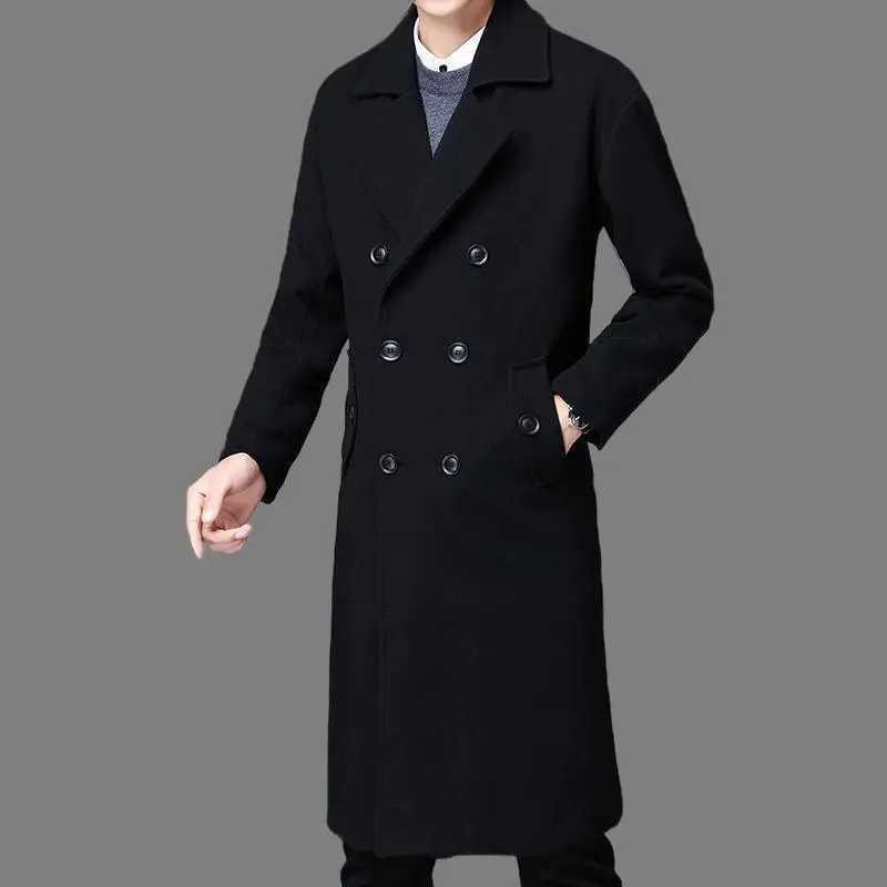 Mens Long Woolen Overcoat for Winter Korean Style Loose Fit Suit Collar Double Breasted Cotton Lined Warm and Stylish OuterwearT251125