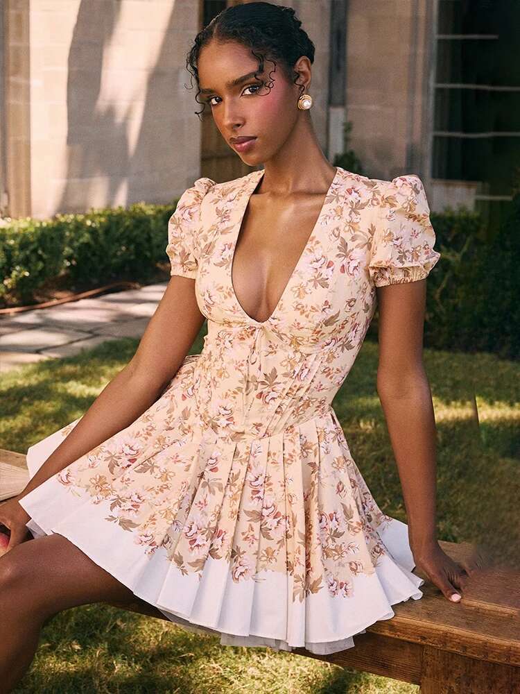 Dongdumaoyi Townlike Patchwork Print Waiist Wrap A Line Pleated Dress Women Mini Summer V Neck Nightclub Sexy Party Dresses