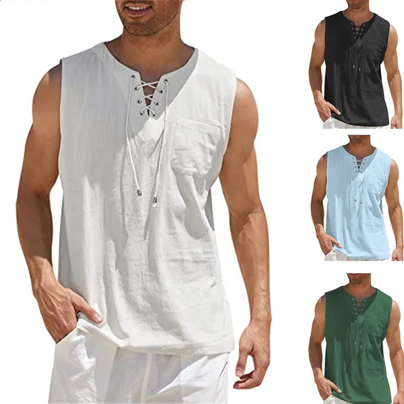 1 piece of summer mens casual shirt without pleats vest with lace retro V-neck fashionable loose shirt mens solid color vest 250422