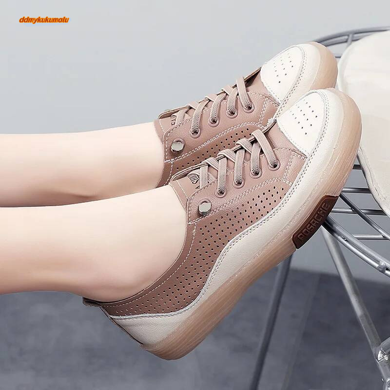 Women Flat Summer Breathable Cutout Casual Ladies Soft Bottom Genuine Leather Flats White Shoes Woman ddmykukumalu