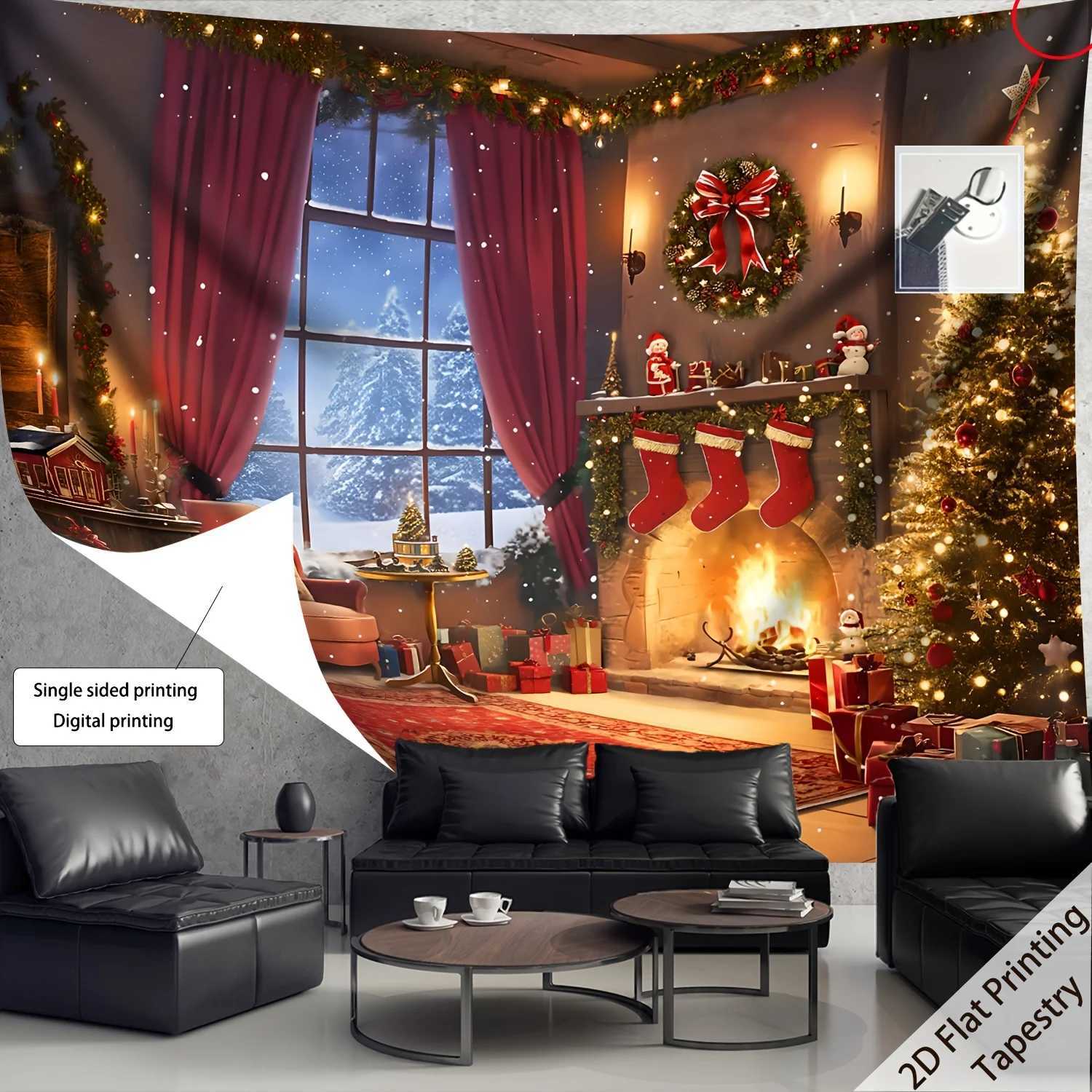 tapestry2D Flat Printing1pcs Christmas Tree Fireplace Gifts Tapestry Christmas Day Large Size Decorative Hanging Cloth HoliM251125