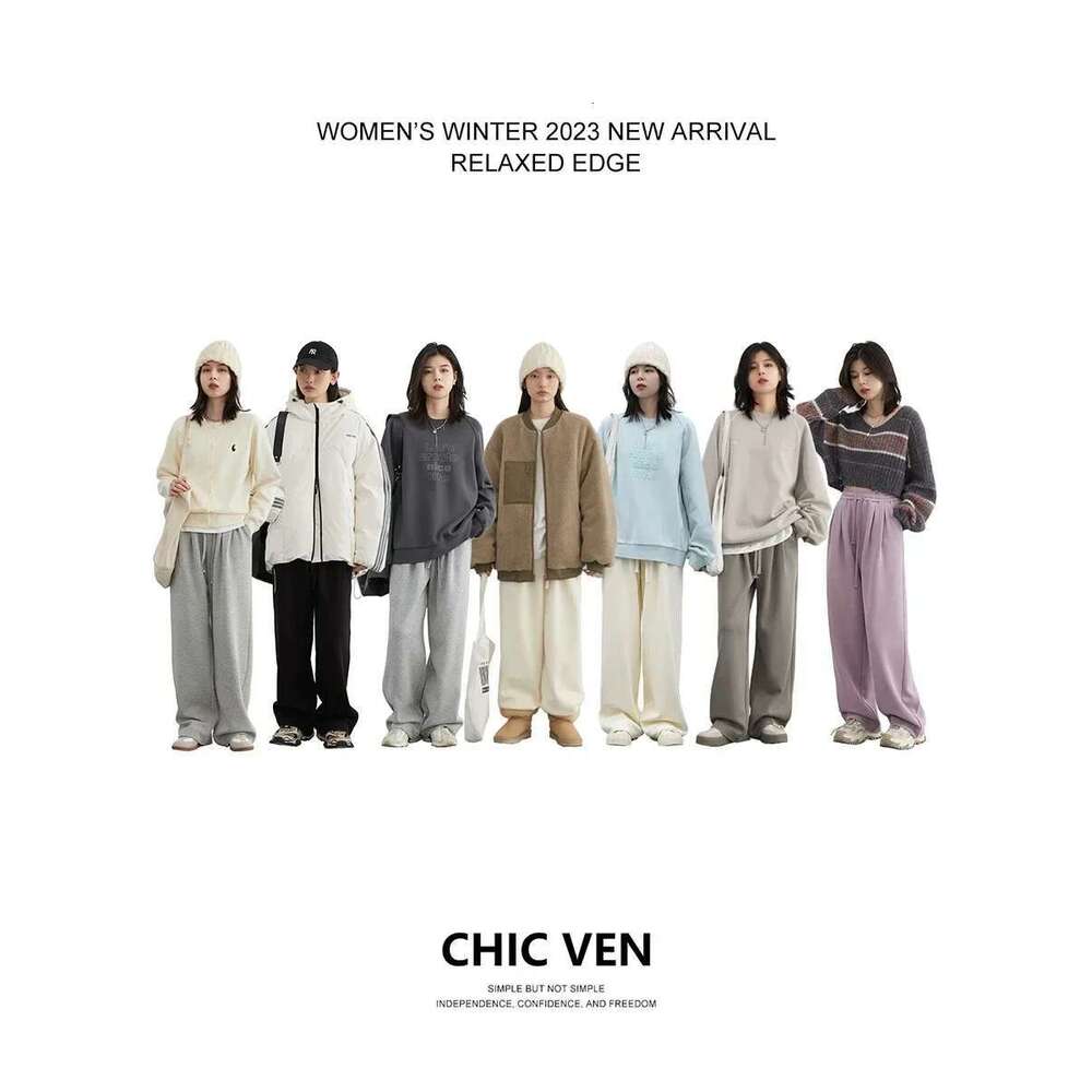CHIC VEN Women Pants New Elastic Waist Drawstring Sports Loose Female Trousers Plush Full Long Thick Pant Autumn Winter 2024