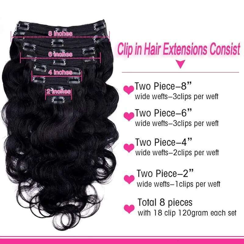 Body Wave Extensions Real Human Ins 100% Brazilian Seamless Clip In Hair For Women 120 Gram