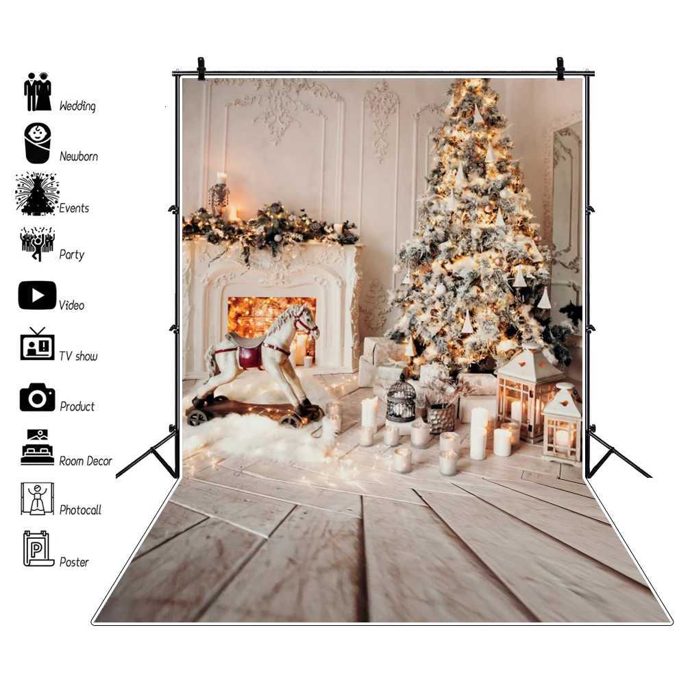 Winter Christmas Window Snow Photo Backdrop Pink Curtain Interior Xmas Tree Gift New Year Party Decor Photography BackgroundM251125