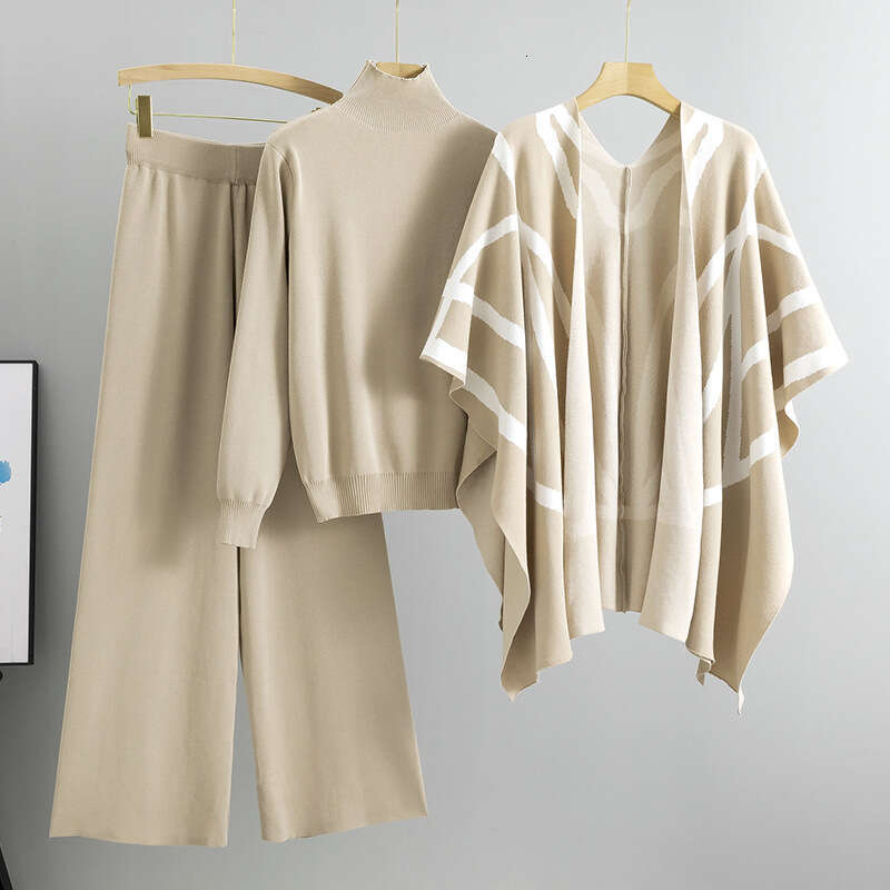 Casual Suit Womens Autumn and Winter New Temperament Socialite Lazy Style Knitted Sweater Shawl Cape Wide Leg Pants Three Piece Set Solid Popular New 