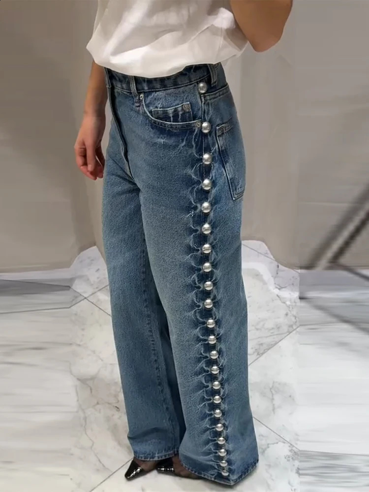 Side pearl high waisted jeans beads denim straight leg pants drag and drop street fashion bagged weight loss wide mens style 250417