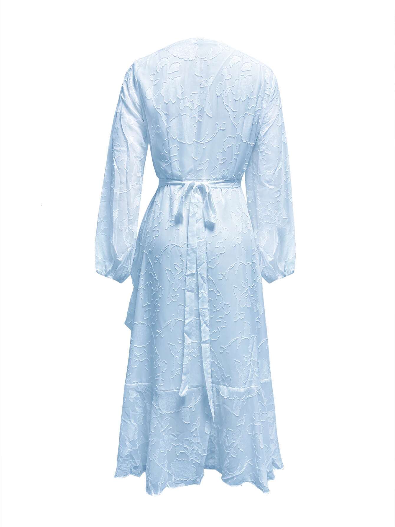 Dongdumaoyi New Summer Simple V Neck Pure Color Belted Ruffled Lantern Sleeve Mid Length Dress
