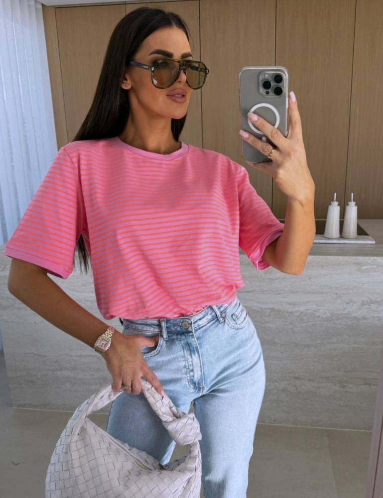 2025 Summer Casual Striped Round Neck Loose Color blocked Short Sleeve Womens T-shirt