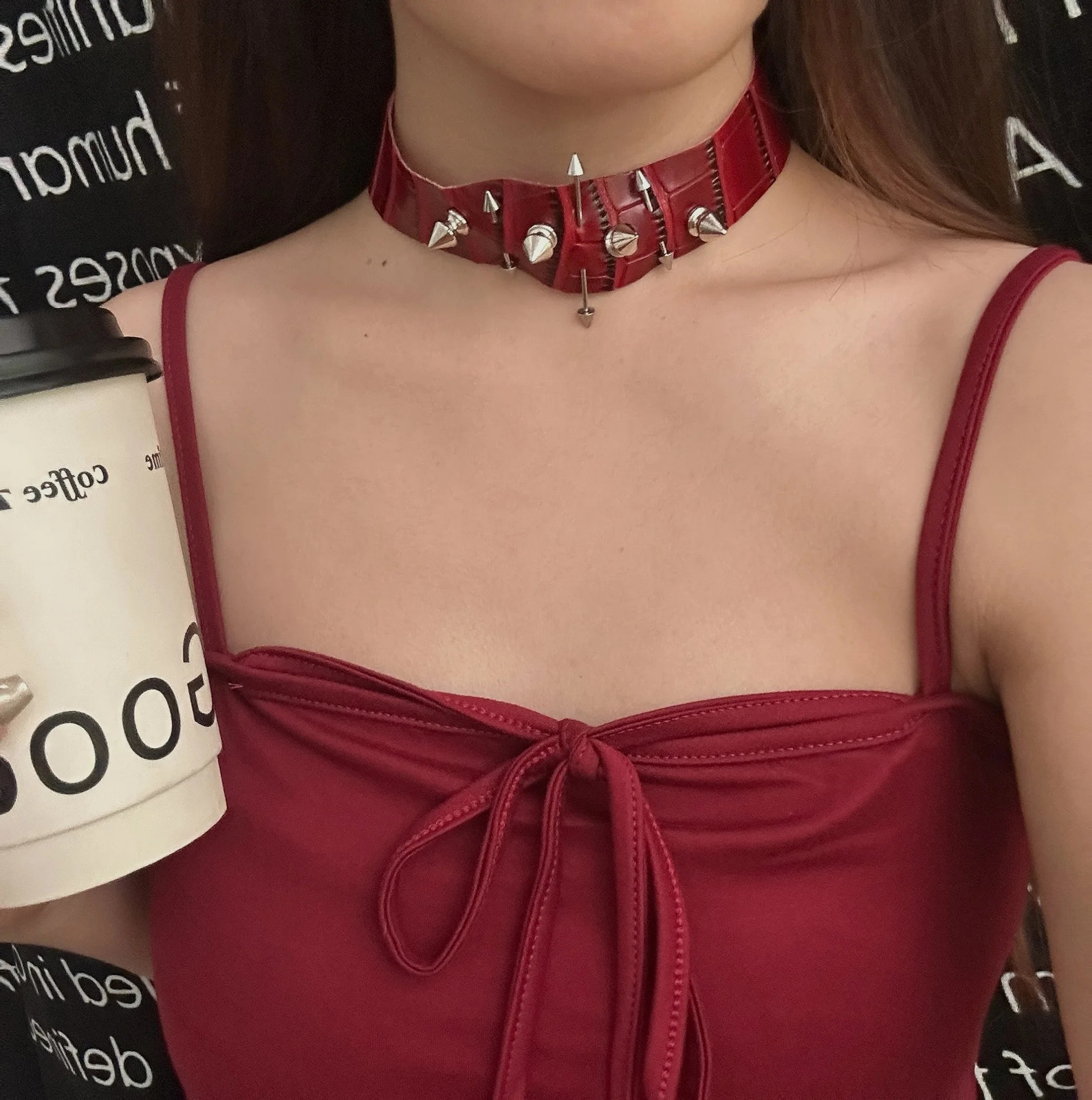 Vintage necklace Gothic Satan necklace dark tie irregular Burgundy leather riveted necklace border jewelry pendant necklace gift 250422