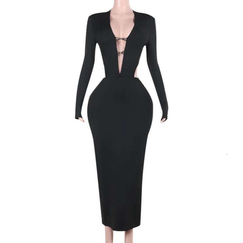Dongdumaoyi Townlike Hollow Out Slim Bodycon Dress Women Autumn Winter Maxi Long Deep V Neck Nightclub Sexy Party Dresses