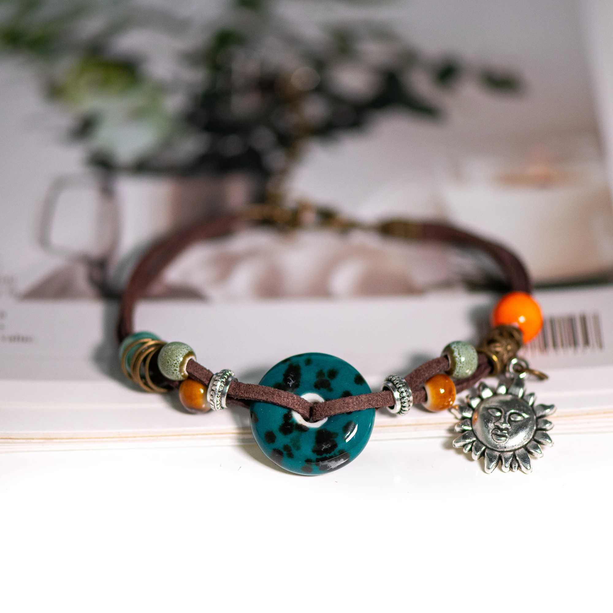 Bohemian Ceramic Sun Bracelet with Adjustable Chain Handcrafted Velvet and Alloy Design J251125