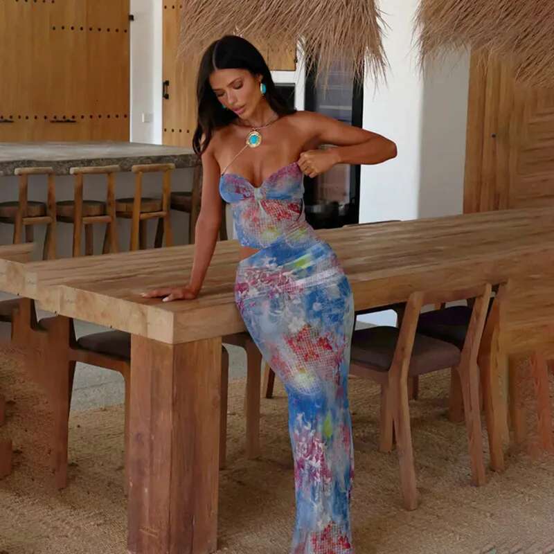 Dongdumaoyi Townlike Print Slim Bodycon Dress Women Strapless Spring Summer Maxi Long Hollow Out Nightclub Sexy Party Dresses