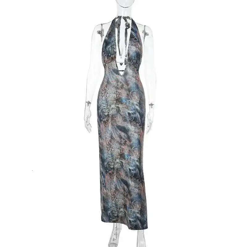 Dongdumaoyi Townlike Print Maxi Long Slim Bodycon Dress Women Halter Spring Summer Deep V Neck Nightclub Sexy Party Dresses