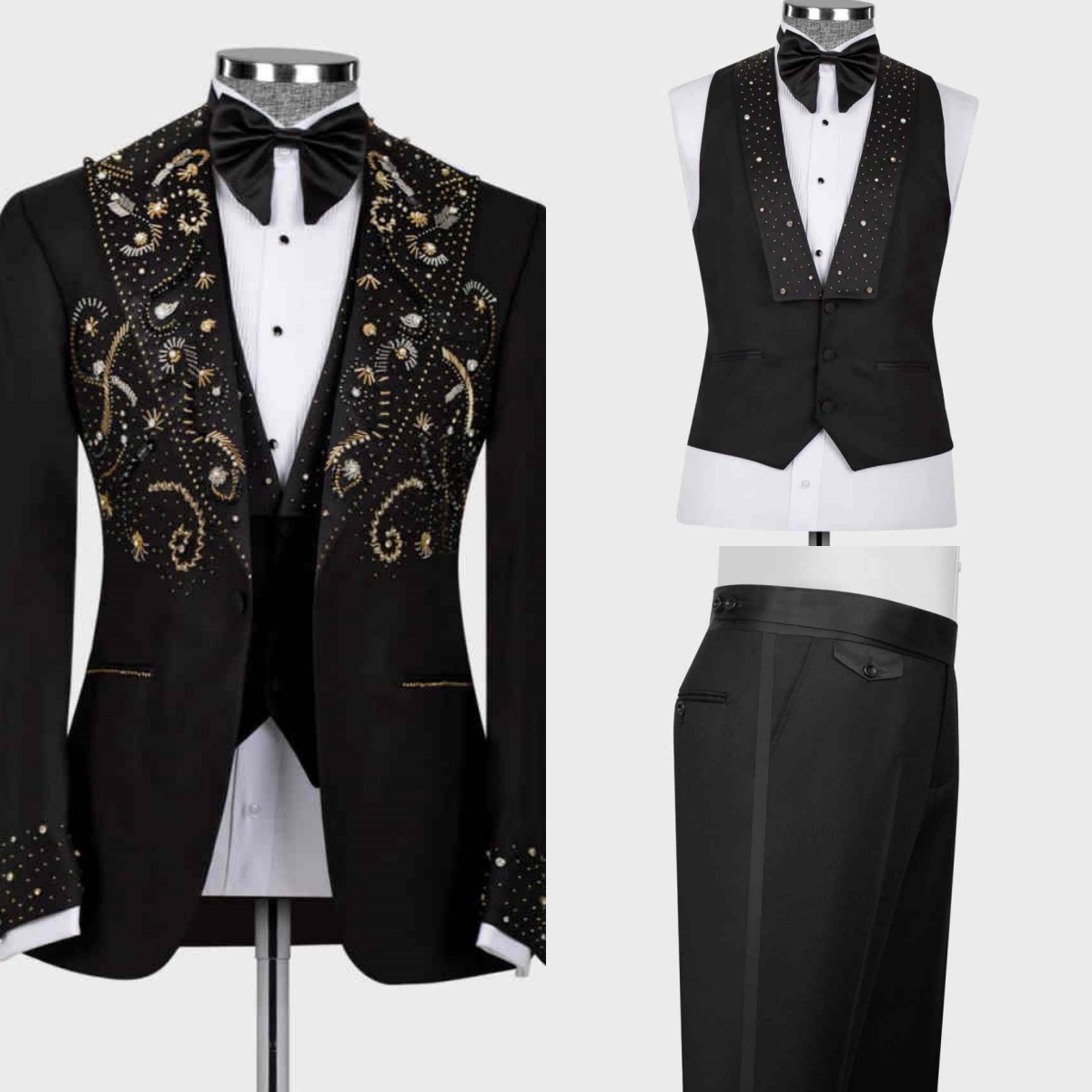 Luxury Black Wedding Tuxedos 3 Piece Set Jacket Vest Pants Beaded Crystal Men Suits Peakd Lapel Groom Wear Party Suit Customized
