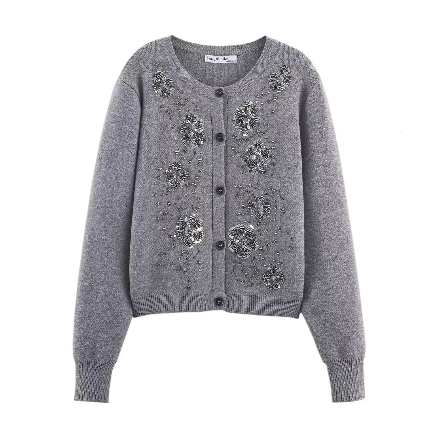 Gray Beading Sequined Knitted Cardigan Autumn New O-neck Full Sleeve Single Breasted Women Sweater Ladies Elegant Knit TopsT251125