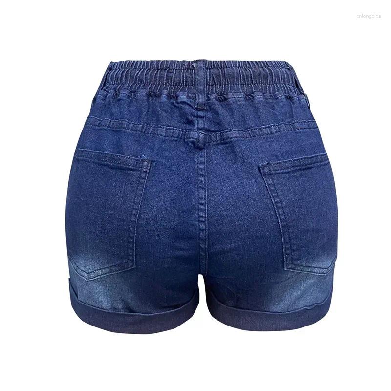 CNLONGBIDA Women's Shorts Women Elasticized Waist Lace-up Denim Summer Casual Slim Three Quarter Pants Fashion Female Rolled Trouser Leg Mini Jea