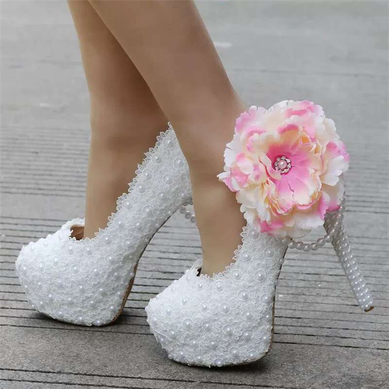 Spring round head shallow lace pearl waterproof platform wedding thin high-heeled banquet dress large size women's shoes