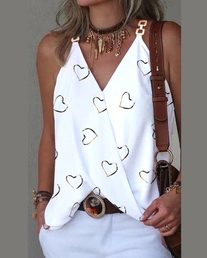2023 Summer minimalist V-neck metal buckle printed small tank top for women