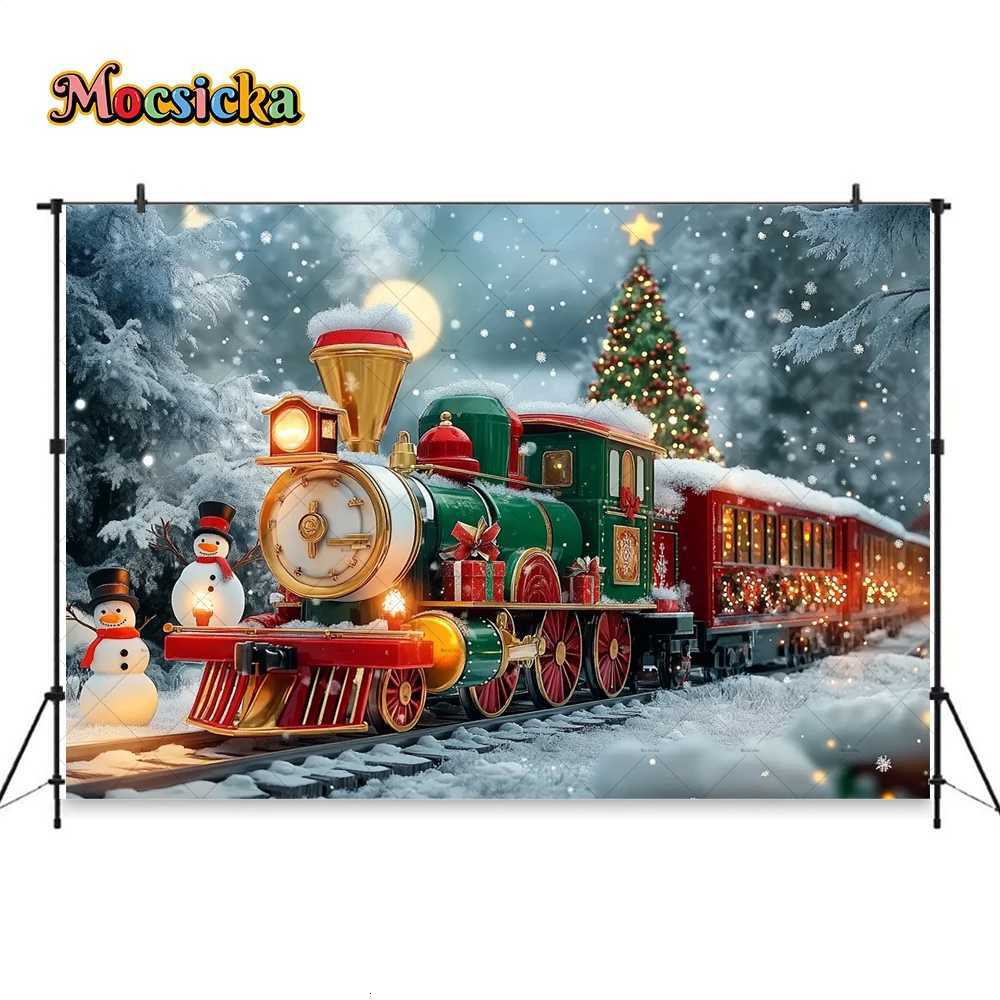 Christmas Colorful Train Background Photography New Years Eve Snowman Xmas Tree Gift Backdrop Booth Kids Winter Birthday PhotoM251125