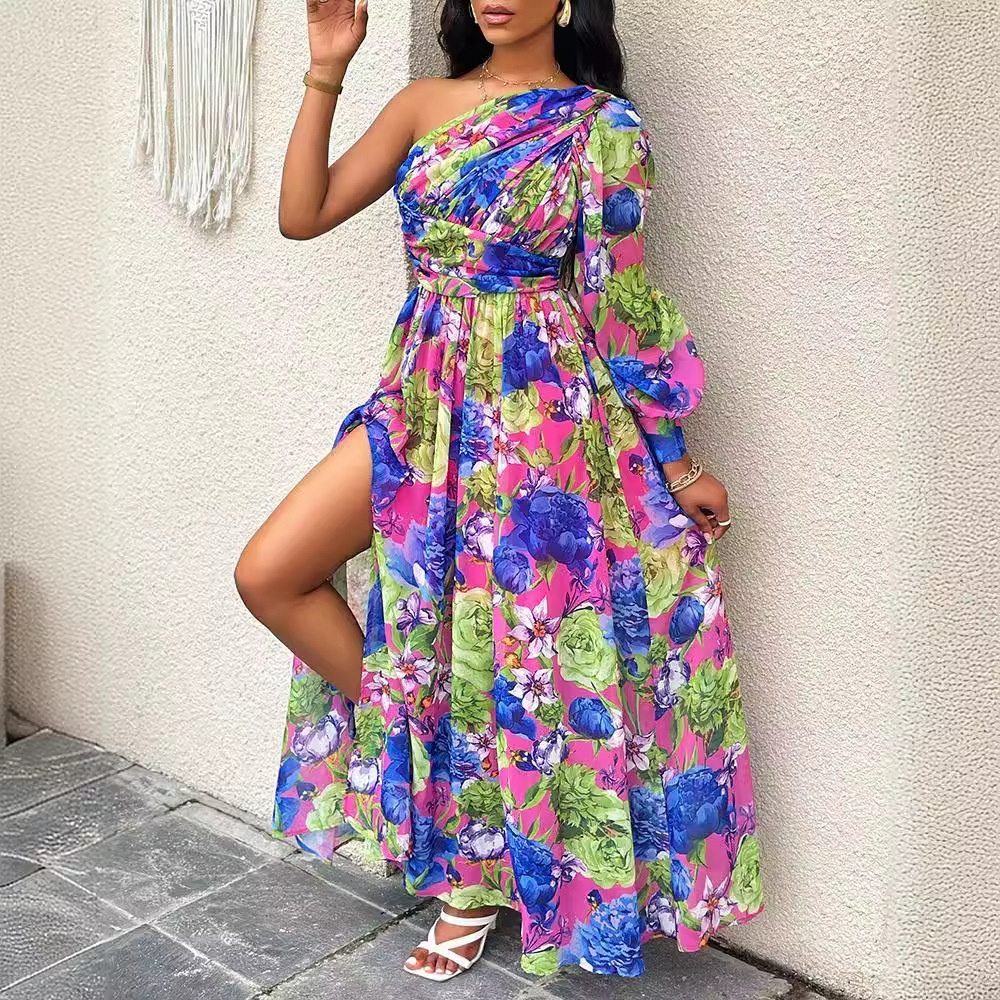2024 new fashionable off shoulder long lantern sleeve printed dress for womens wear