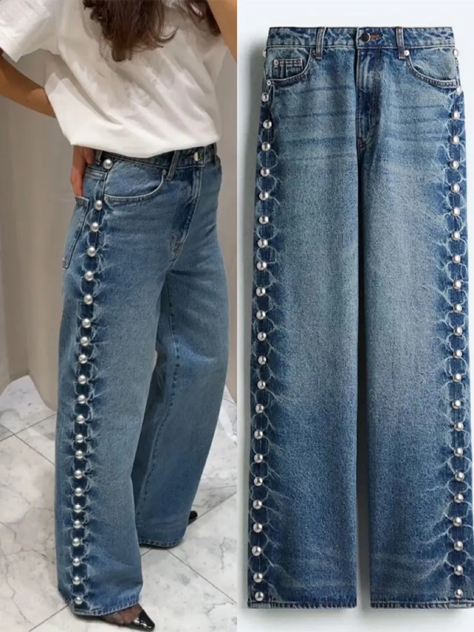 er Metal Rivet Womens Denim Pants Straight Pocket High Waist Jeans Trousers Retro Distressed Dragging Pants 250422