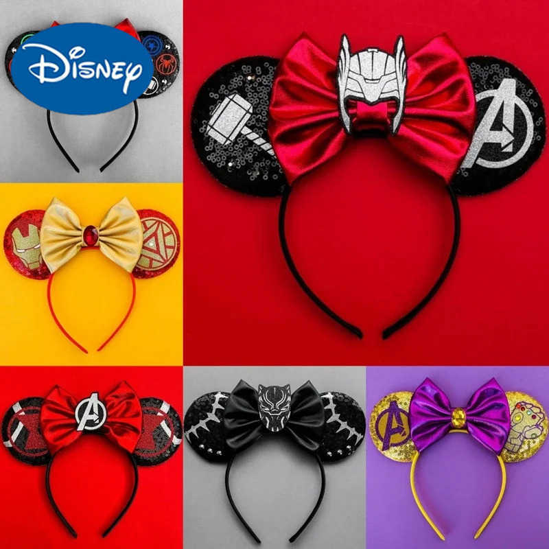 Disneys Marvel Ears Headbands Women Iron Man Hair Accessories Girls Sequeins Bow Hairband Kids The Avengers Headwear Super Heroes X250425