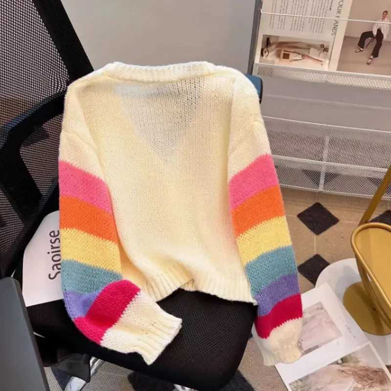 Rainbow Striped Knitted Cardigan for Women Teen-girl Cozy Soft Mohair Button Front Sweater Jacket Winter Autumn Y2K OutfitT251125