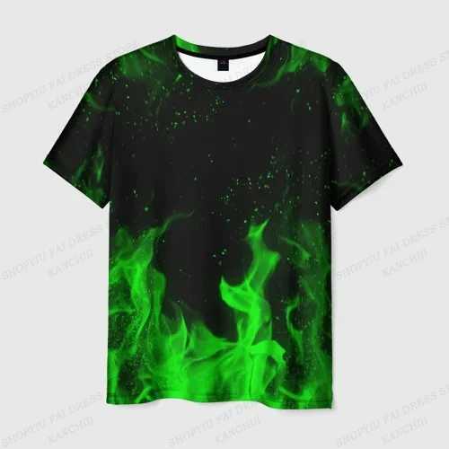 Summer mens T-shirt blue-green flame 3D printed T-shirt mens fashionable short sleeved T-shirt childrens hip-hop top T-shirt boys T-shirt W250425