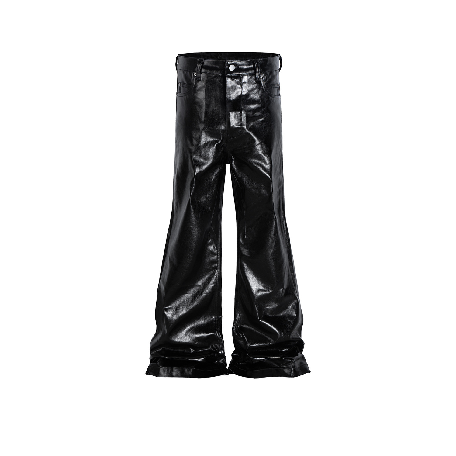 MIJKO Mens and Womens High Street Long Pants Unisex Wide-Leg Trendy Black Coated Glossy Patent Leather Flared Jeans 250901