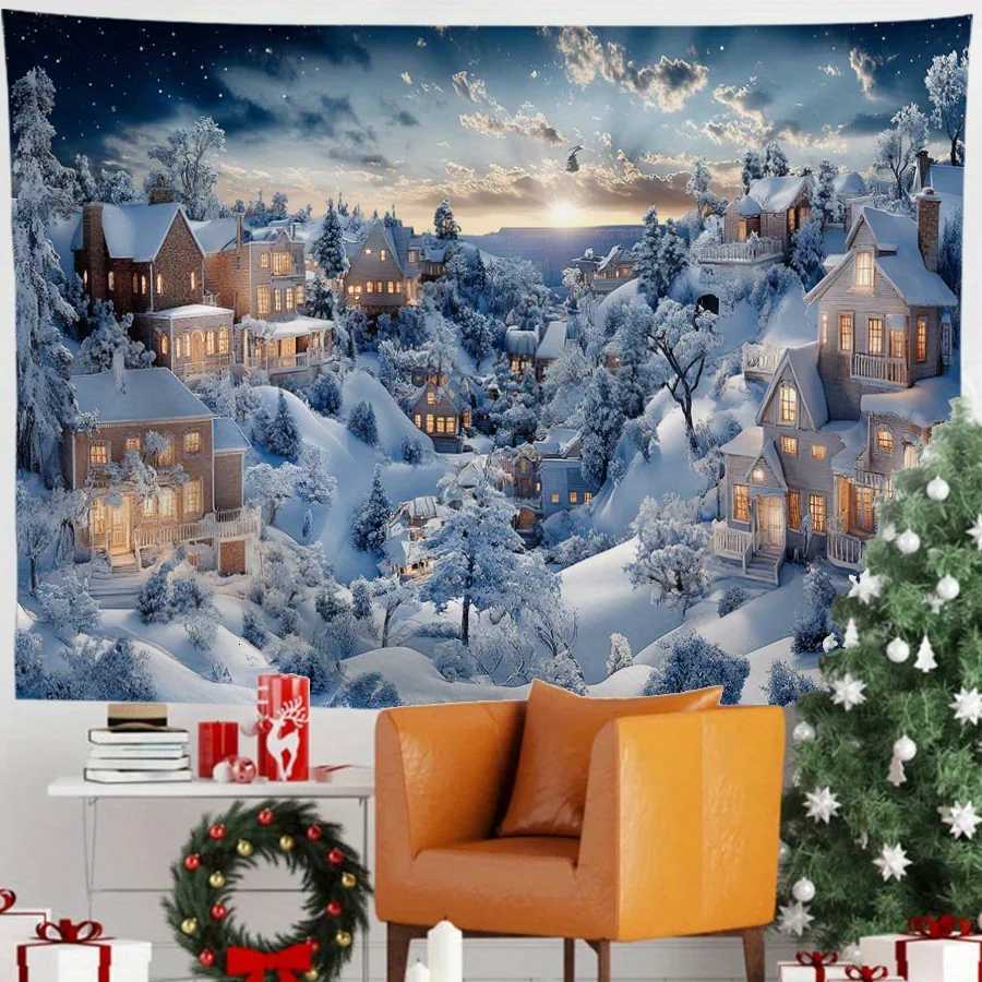 Christmas Landscape Tapestry Festive Wall Decor Snowy Village Design Multi-Use Holiday Banner for Home Kitchen PartyM251125