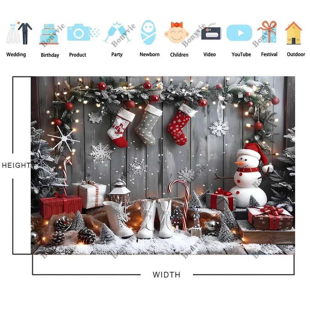 Bonvvie Merry Christmas Backdrop Xmas Tree Gifts Snowman Family Party Decor Background Photocall Photography for Photo StudioM251125