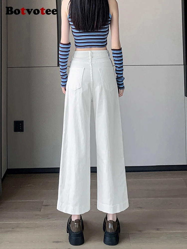 Botvotee Ankle Womens Jeans 2025 Summer Korean Fashion Straight Wide Leg High Waist Denim Pants White Blue Cut 250417