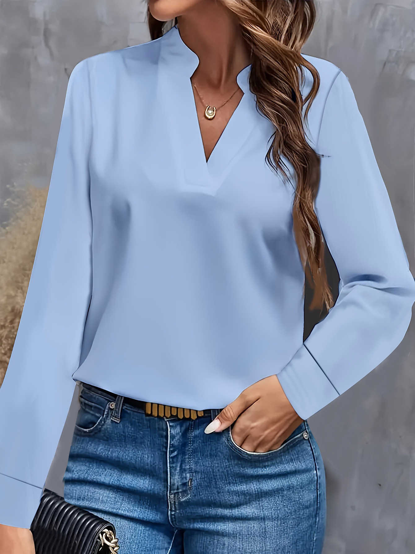 2024 autumn simple casual solid color V-neck loose shirt top for women