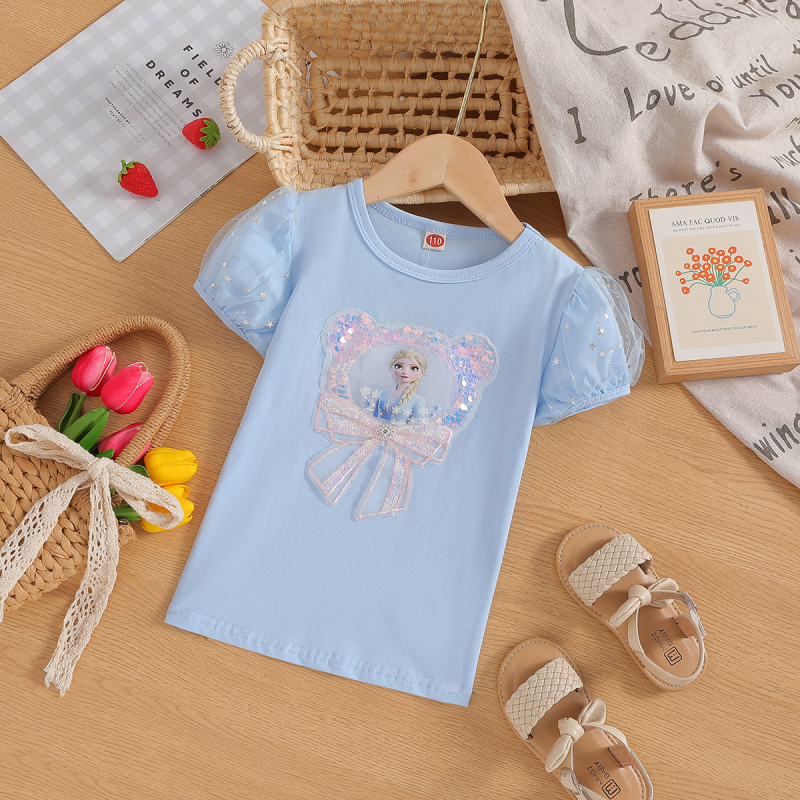 DISNEY baby clothes kids designer clothes Frozen Elsa princess Summer lightweight children baby girl round neck top comfortable soft label-free design
