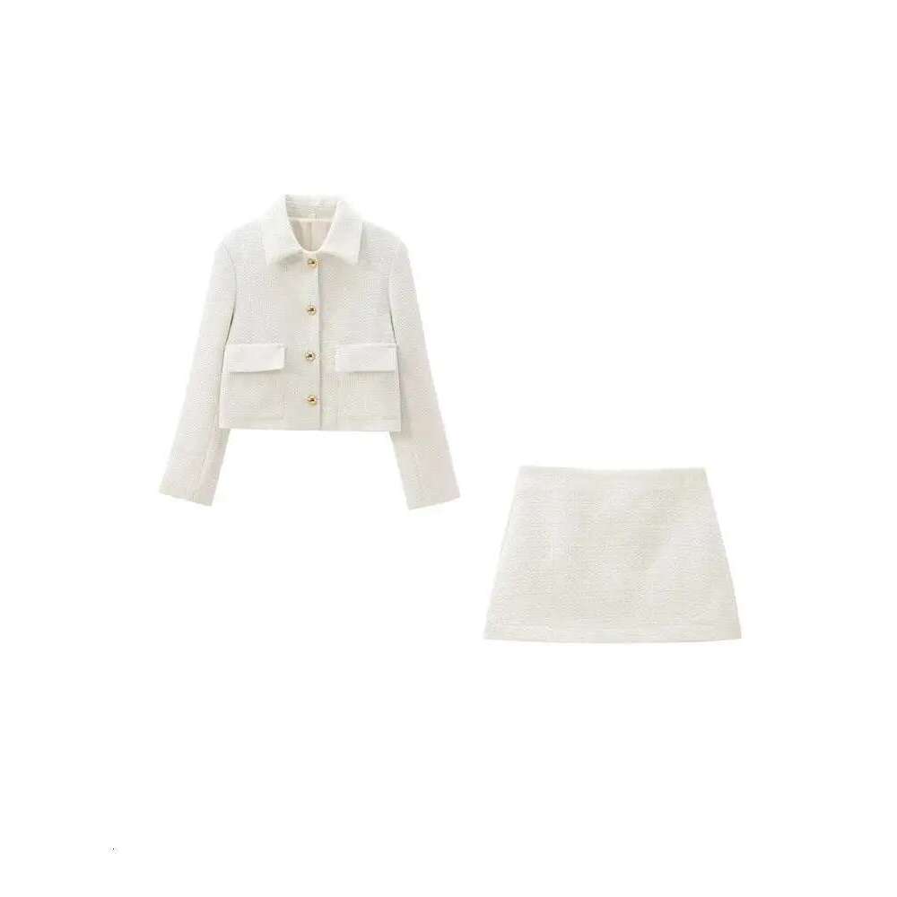 TRZA Women Fashion With Pockets Tweed Jacket Coat And High Waist Side Zipper Mini Skirt Female Two Piece Sets Mujer