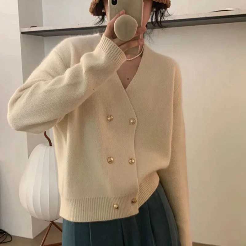 Womens Design Double-Breasted Cardigans Autumn Winter Loose Simple Sweater Outwear Woman Casual Solid Long Sleeves Knit JacketT251125