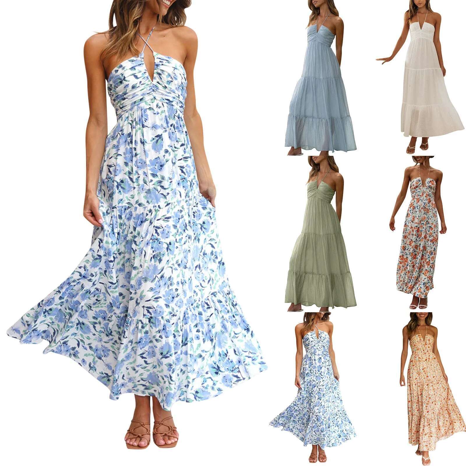 Dongdumaoyi Spaghetti Strap Long Dress Summer Women Fashion V Neck Sleeveless Print Elegant Backless Maxi Dresses For Woman Sundresses