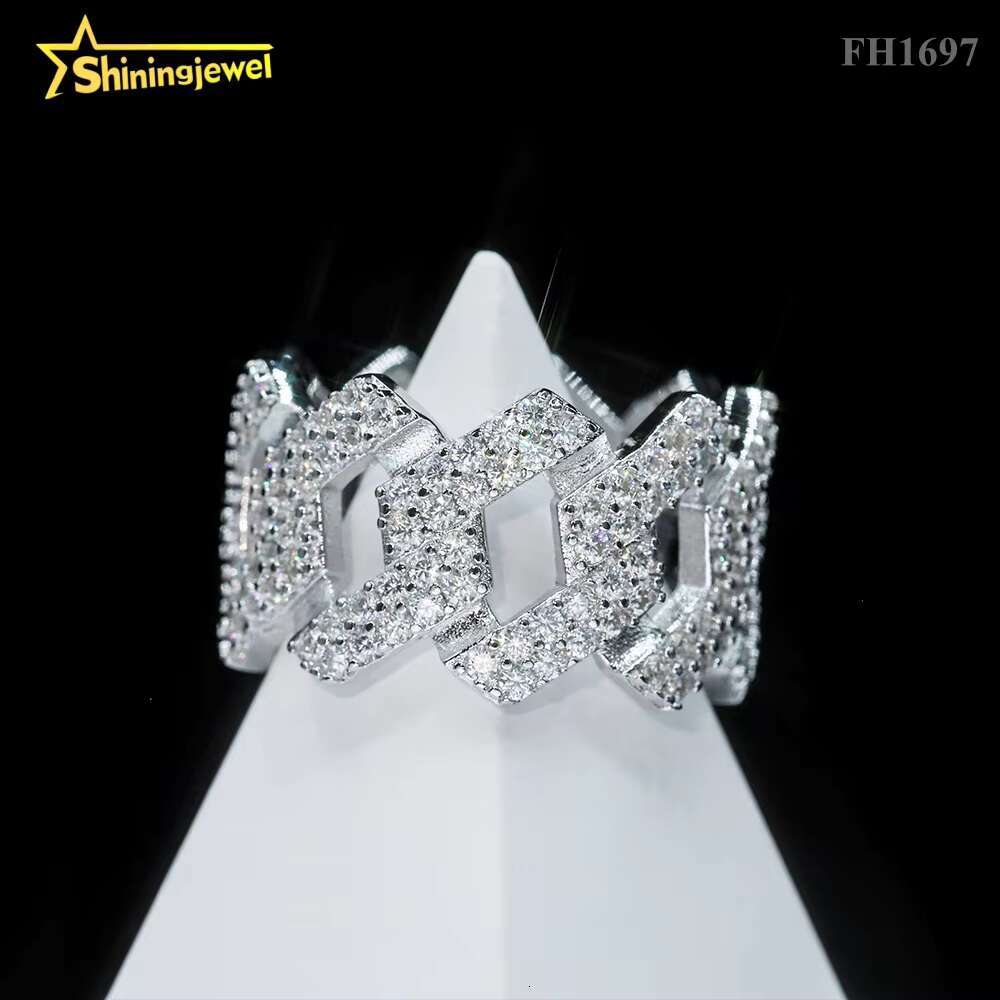 Iced Out Round Diamond Hip Hop Cuban Rings Solid Silver Men Engagement Ring Moissanite Diamond Ring