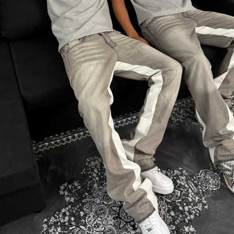 Fashion Y2K Retro Flared Denim Pants Spliced Grey White Patch Wash Distressed Jeans Men Harajuku Hip Hop Streetwear Unisex Baggy Pants Y251124