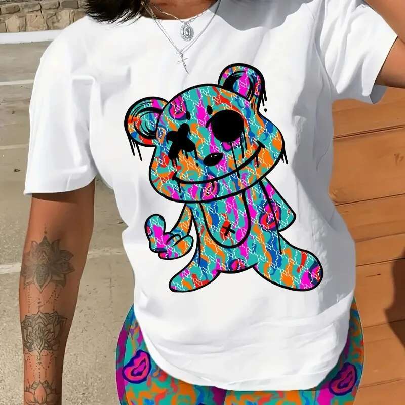Dongdumaoyi New Cartoon Rabbit Print T Shirt Casual Round Neck Summer Shirt Hip Hop Oversized Streetwear Fashion