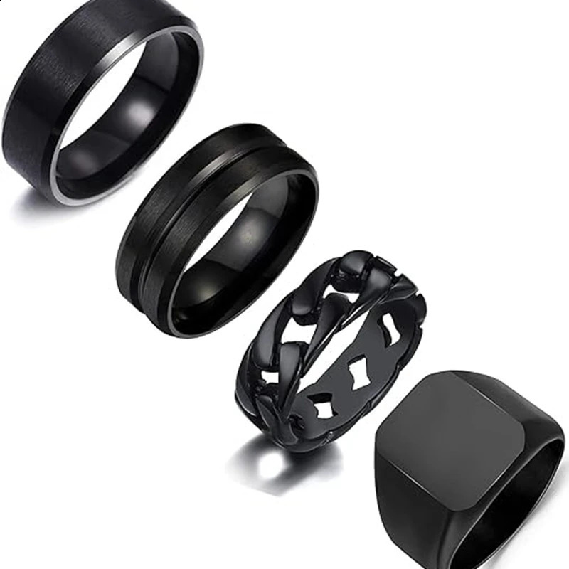 4Pcs Stainless Steel Black Signet Solid Biker Ring For Men Polished Matte Grooved Edges Cuban Link Band Rings Set Size 7-12 250425