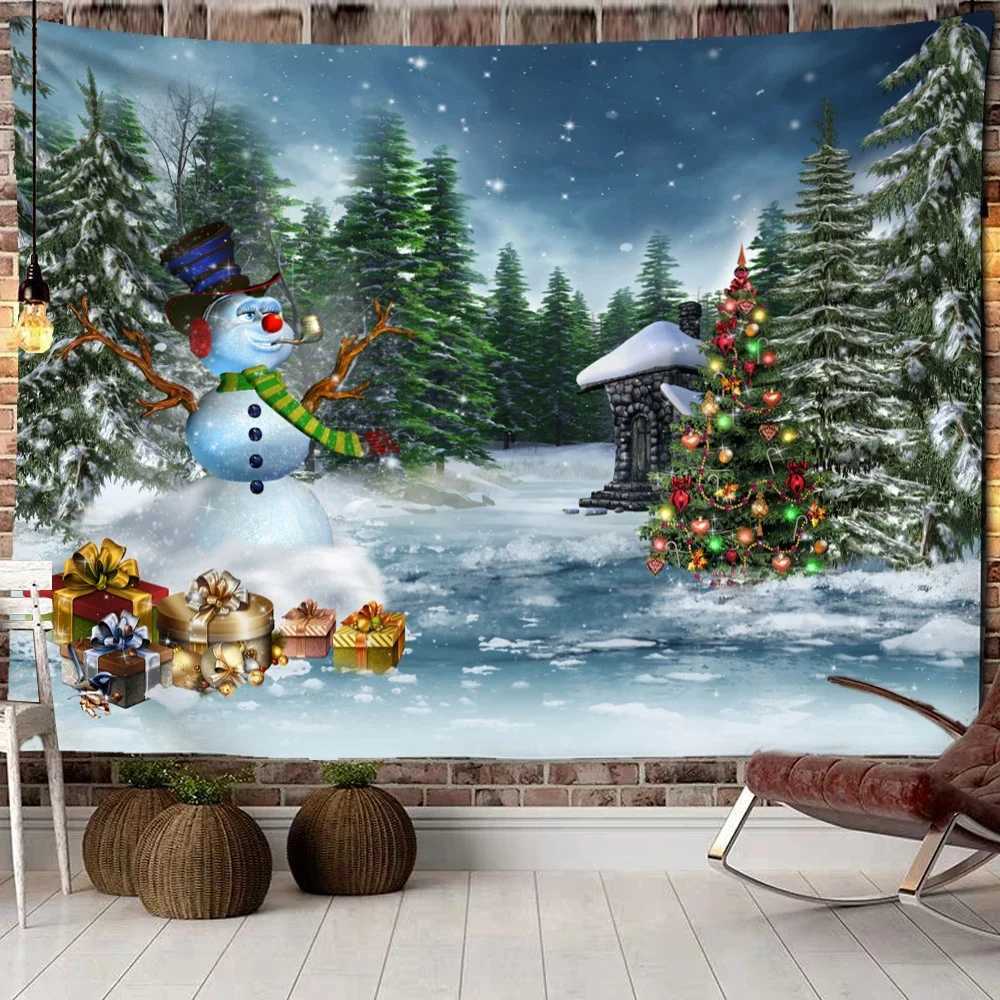 Christmas Woods Snow Scene Tapestry Wall Hanging New Year Gift Elk Bohemian Style Bed Curtain Dormitory Home DecorM251125