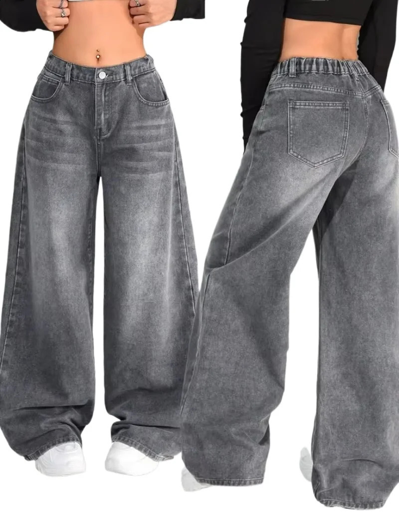 American fashion trend solid color oversized jeans for womens street Y2K casual loose hip hop wide leg pants neutral punk rock 250417