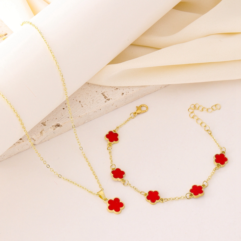 Five Petal Clover Flower Charm Chain Necklace Bracelet Jewelry Sets for Women Desinger Bracelet 18K Gold Plated Pearl Pink Crystal Gift Bridal Wedding